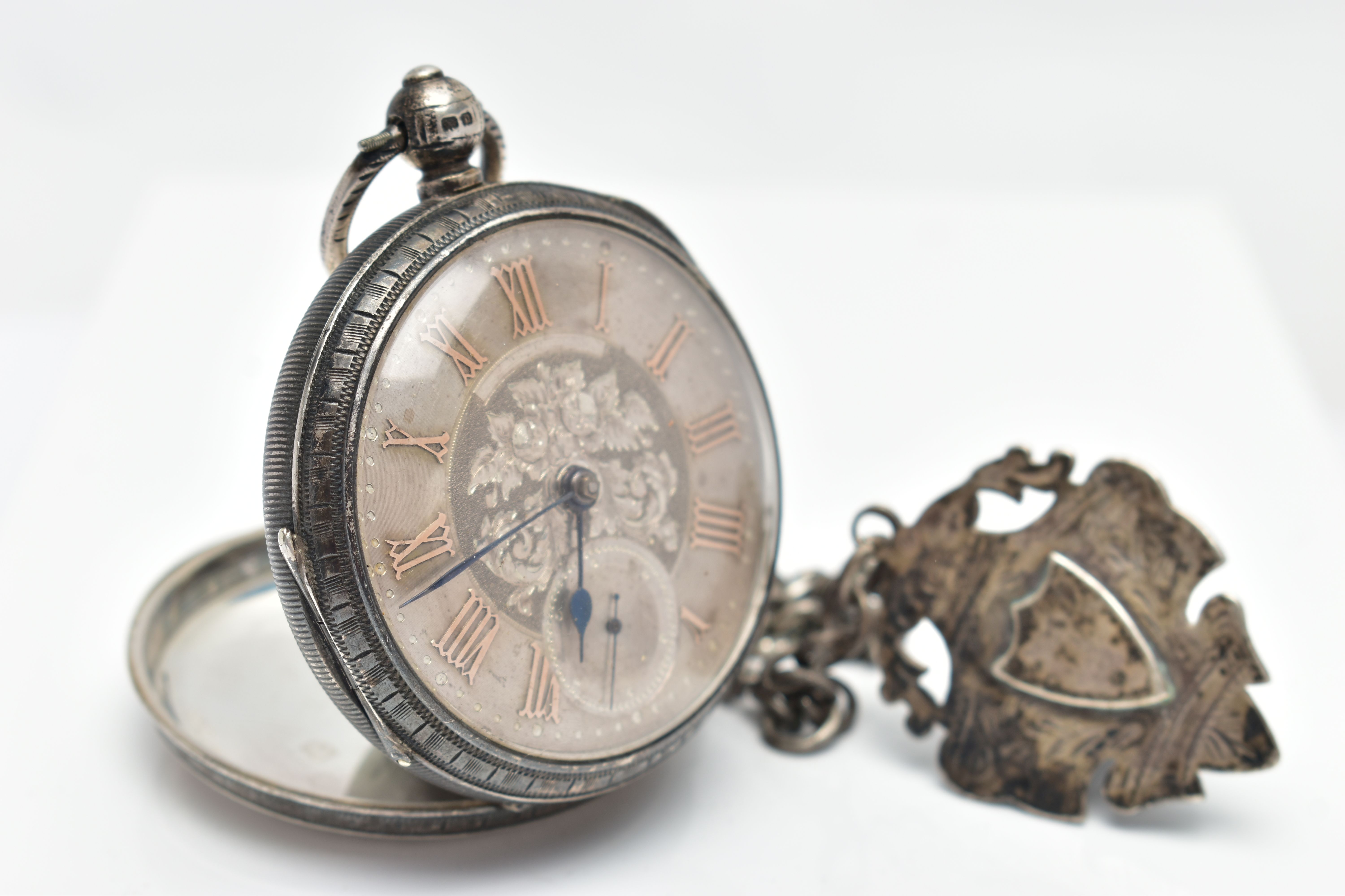 AN EARLY 20TH CENTURY OPEN FACE POCKET WATCH AND ALBERT CHAIN, the key wound pocket watch with a - Image 2 of 8