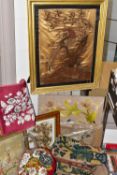 A GROUP OF LATE GEORGIAN AND VICTORIAN EMBROIDERIES, BEADWORK PANELS AND CUSHIONS, ETC, including