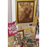 A GROUP OF LATE GEORGIAN AND VICTORIAN EMBROIDERIES, BEADWORK PANELS AND CUSHIONS, ETC, including