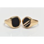 TWO 9CT YELLOW GOLD ONYX SIGNET RINGS, the first set with an oval onyx panel with yellow metal