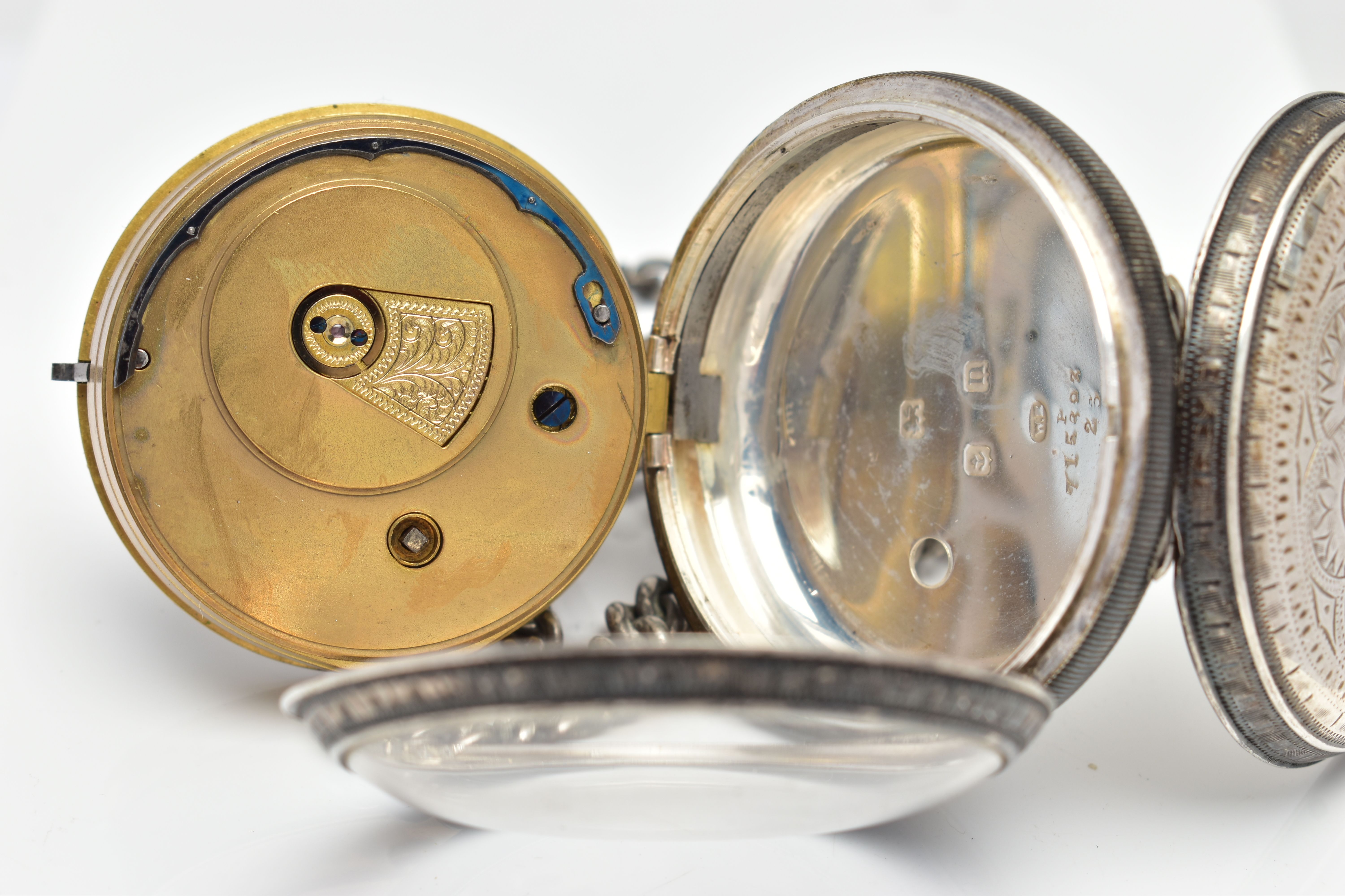 AN EARLY 20TH CENTURY OPEN FACE POCKET WATCH AND ALBERT CHAIN, the key wound pocket watch with a - Image 7 of 8
