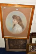 AN EDWARDIAN HEAD AND SHOULDERS PORTRAIT OF A FEMALE FIGURE, unsigned pastel on paper laid onto