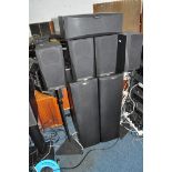 SEVEN BOWERS AND WILKINS HI FI SPEAKERS, A YAMAHA DSP A1092 AMPLIFIER AND YAMAHA TX590RDS TUNER