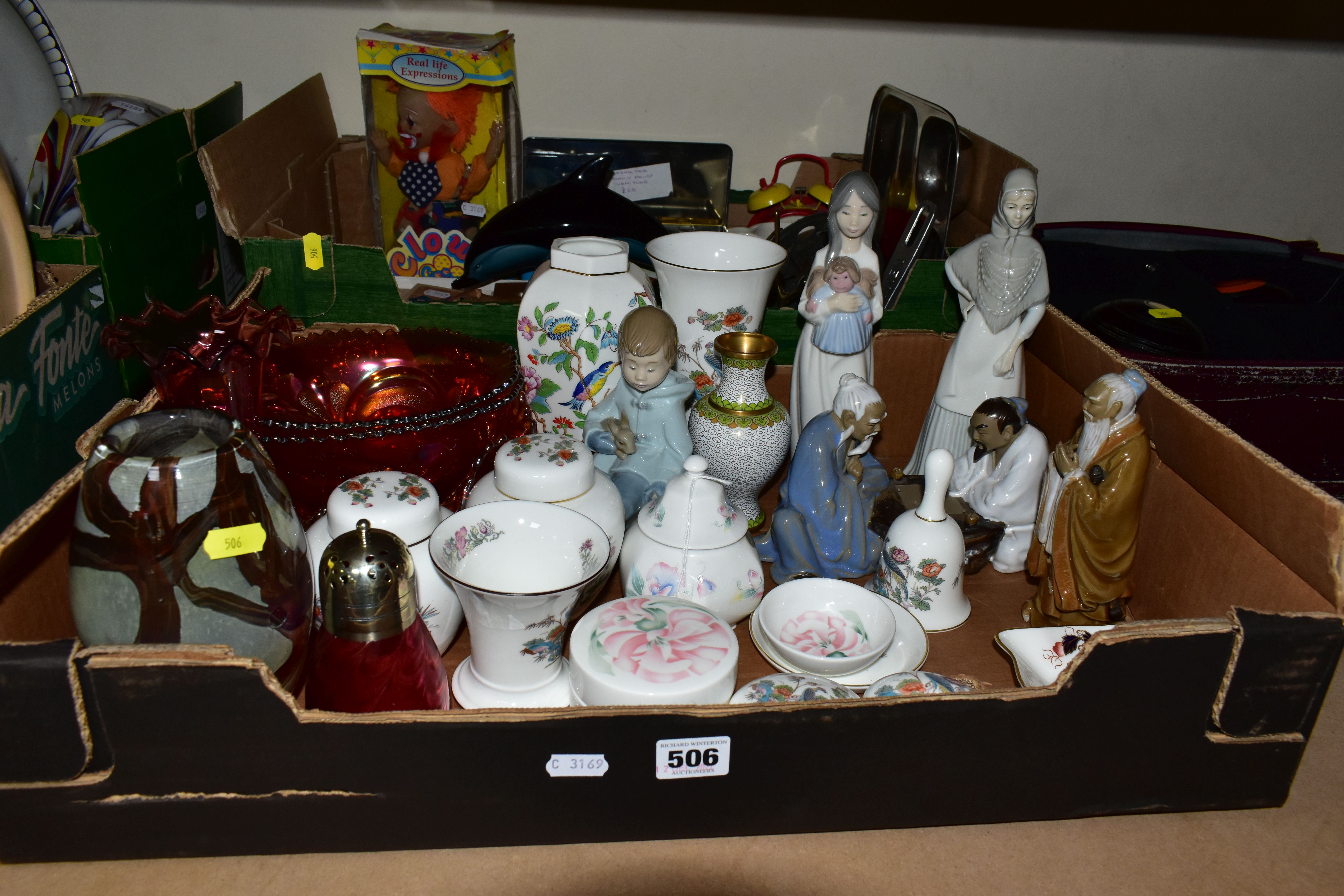 TWO BOXES OF CERAMICS, GLASS AND SUNDRY ITEMS ETC, to include a unmarked Mdina vase, cranberry glass