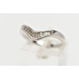 AN 18CT WHITE GOLD DIAMOND WISHBONE RING, half eternity set with tapered baguette cut diamonds, to a