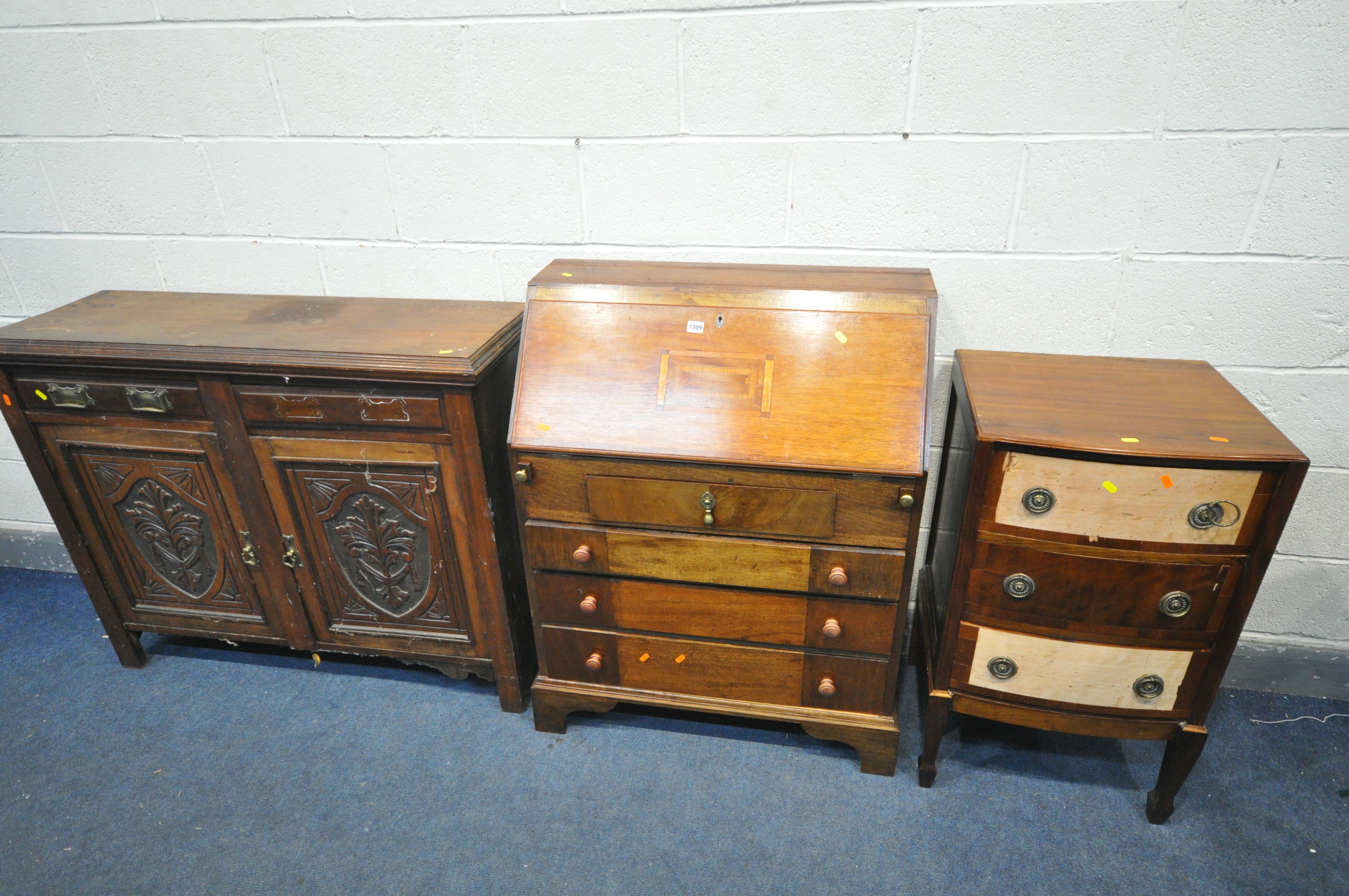 A SLIM 20TH CENTURY MAHOGANY BUREAU, with four drawers, width 81cm x depth 40cm x height 104cm, a