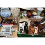 THREE BOXES AND LOOSE CERAMICS, TREEN, METAL WARES AND SUNDRY ITEMS, to include a Protector Lamp and