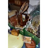 SIX BOXES AND LOOSE TREEN, SEWING MACHINE, METALWARES AND SUNDRY ITEMS, to include a fox fur