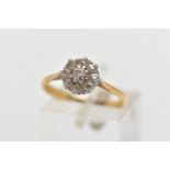 A YELLOW METAL DIAMOND CLUSTER RING, small circular cluster of claw set old cut diamonds,