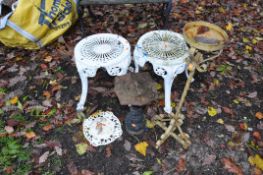 TWO CAST ALUMINIUM GARDEN STOOLS, a Sundial plate, a sundial on cast iron pedestal, and a wrought