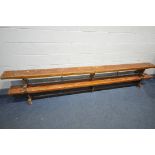 TWO VINTAGE STAINED PINE SCHOOL BENCHES, length 336cm (condition:-distressed condition)