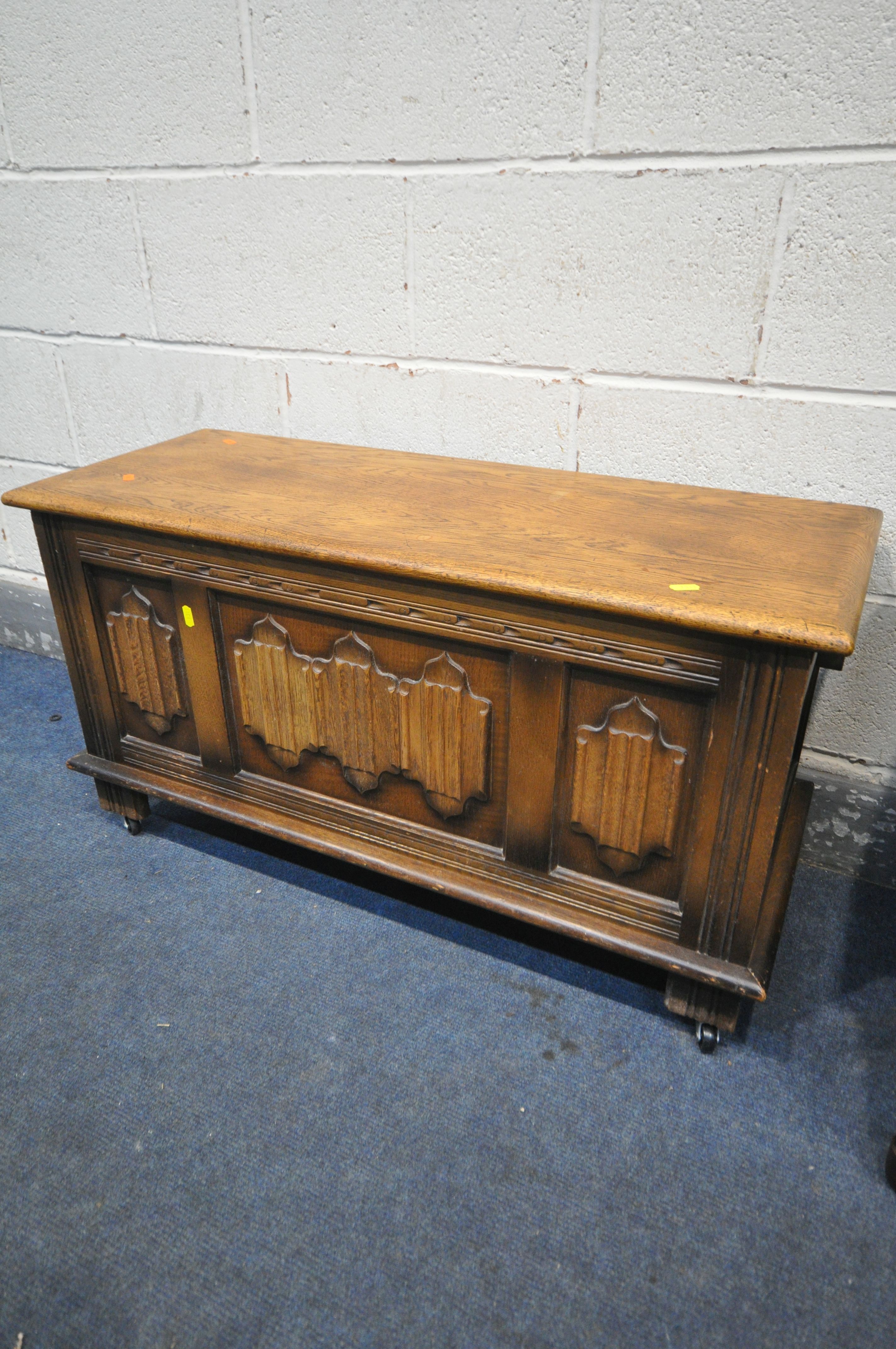 A LOW 20TH CENTURY OAK CHEST OF TWO LONG DRAWERS, width 91cm x depth 46cm x height 56cm, and an - Image 3 of 3