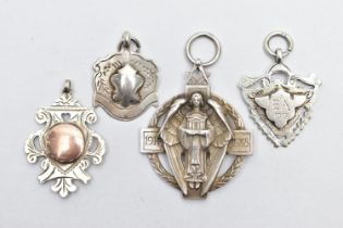 FOUR SILVER FOB MEDALS, the first a masonic 1914-1918 medal, personal engraving to the reverse reads