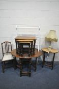 A SELECTION OF OCCASIONAL FURNITURE, to include an oval gate leg dining table, an oval barley