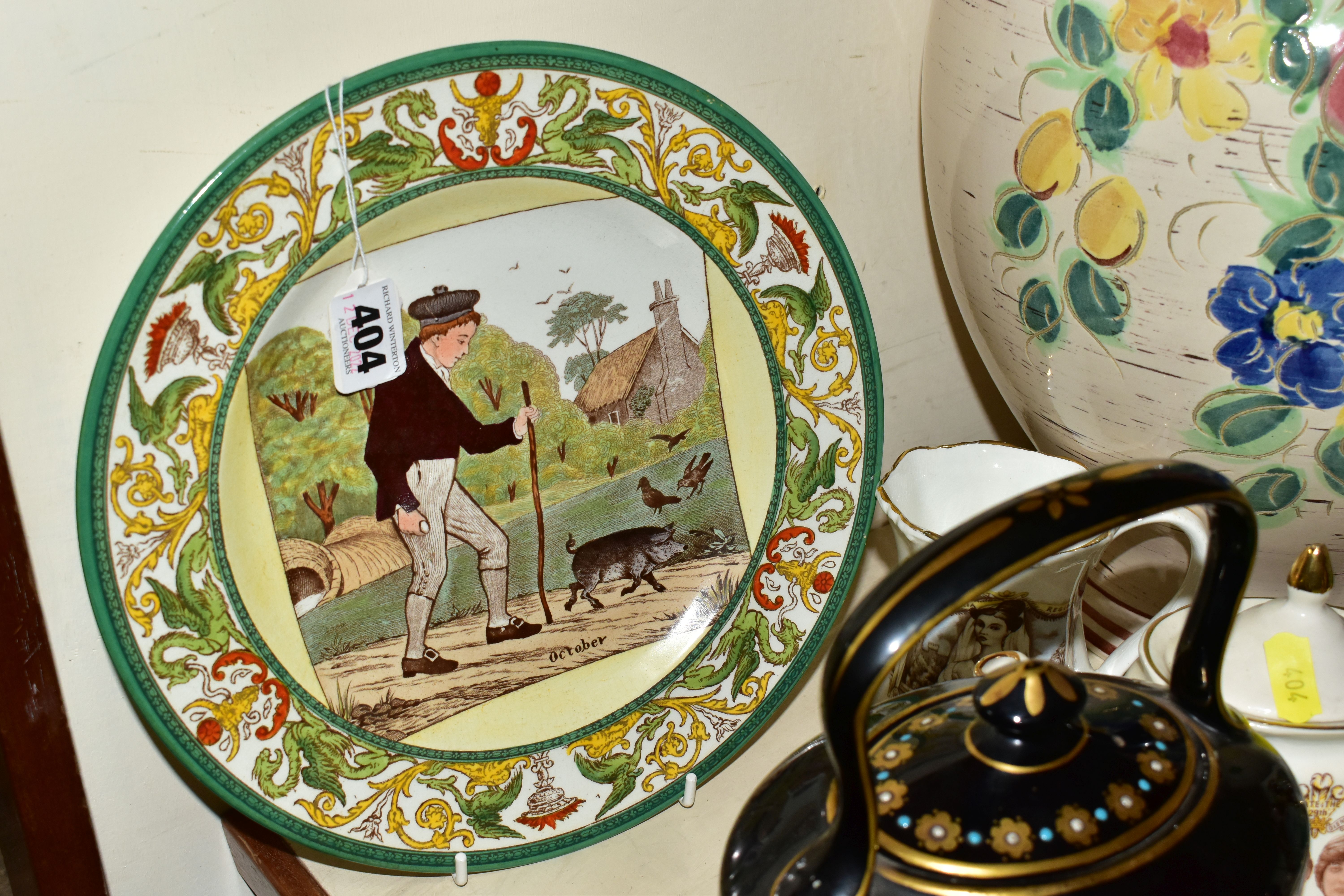 A GROUP OF CERAMICS, comprising a Majolica 'Shrimper' wall plate (historic chips and missing paint), - Image 10 of 11