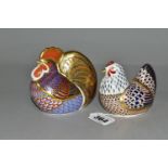 TWO ROYAL CROWN DERBY PAPERWEIGHTS, comprising Cockerel height 9.5cm, and Chicken height 8cm, each