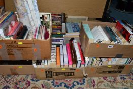 BOOKS, seven boxes containing approximately 110 book titles in hardback and paperback format and a
