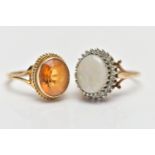 TWO 9CT YELLOW GOLD GEM SET RINGS, to include an opal and diamond cluster ring, the oval opal