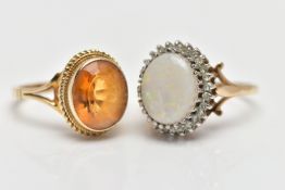 TWO 9CT YELLOW GOLD GEM SET RINGS, to include an opal and diamond cluster ring, the oval opal