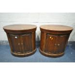 A PAIR OF REPRODUCTION MAHOGANY OVAL TWO DOOR SIDE CABINETS, width 61cm x depth 46cm x height 58cm