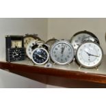 A COLLECTION OF NINE VINTAGE BEDSIDE ALARM CLOCKS, comprising three Jaz French alarm clocks, an