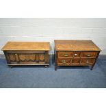 A LOW 20TH CENTURY OAK CHEST OF TWO LONG DRAWERS, width 91cm x depth 46cm x height 56cm, and an