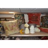 TWO BOXES AND LOOSE SOFT FURNISHINGS ETC, comprising seven embroidered cushions, two velvet cushions