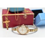 TWO 9CT GOLD PENDANT NECKLACES AND A 9CT GOLD 'ROTARY' WRISTWATCH, to include a crucifix pendant