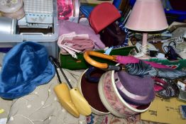 SIX BOXES AND LOOSE LADIES' FASHION ACCESSORIES AND HOMEWARES, to include ladies' hats in hat