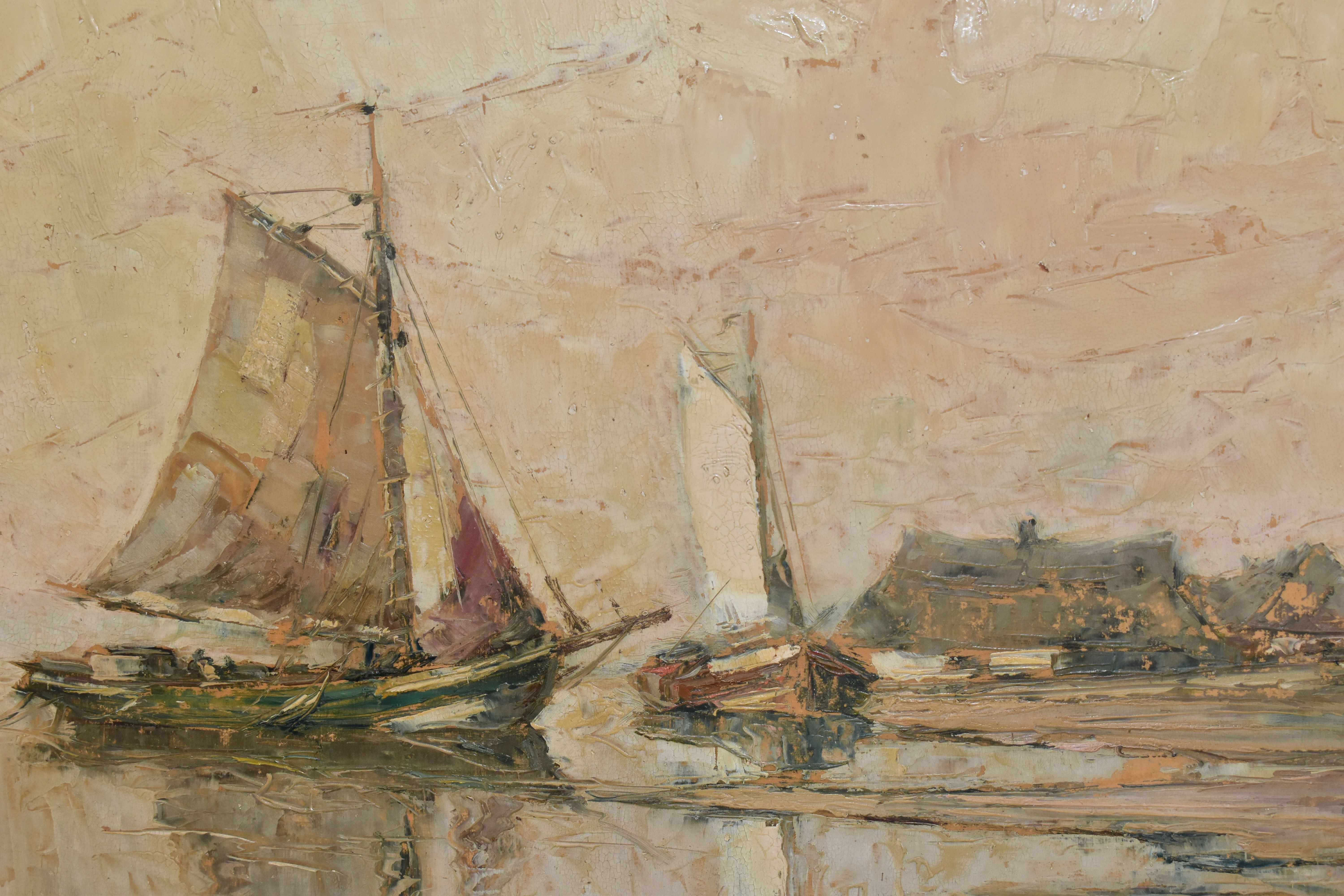 TWO MID 20th CENTURY WATERSIDE LANDSCAPES WITH WORKING BOATS, both feature boats at the water's - Image 5 of 6