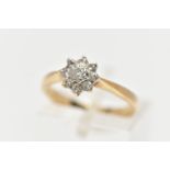 A 9CT YELLOW GOLD DIAMOND CLUSTER RING, of a flower shape, set with nine round brilliant cut