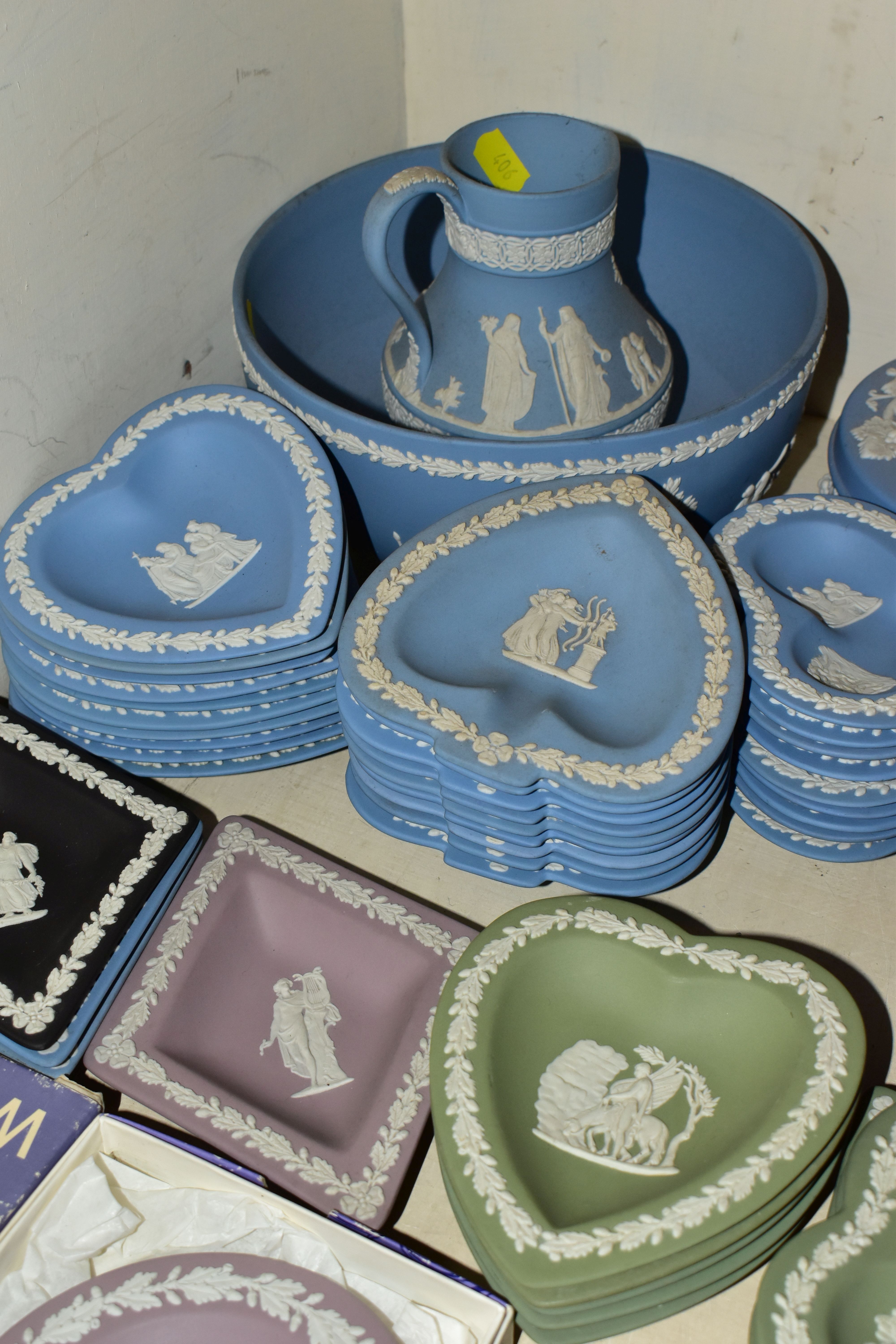 A LARGE QUANTITY OF WEDGWOOD JASPER WARE, comprising blue Jasperware two bowls, planter, jug, - Image 4 of 5