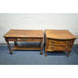 A WALNUT BOWFRONT CHEST OF TWO LONG DRAWERS, on cabriole legs, width 80cm x depth 32cm x height