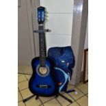 A BLUE RINO88.COM LIMITED PRODUCTION CHILD'S ACOUSTIC GUITAR, length 87.5cm x max. width 30.8cm,