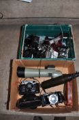 THREE TRAYS CONTAINING VINTAGE FILM AND DIGITAL CAMERAS including a Zeiss Ikon Nettar515/2, a