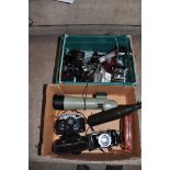 THREE TRAYS CONTAINING VINTAGE FILM AND DIGITAL CAMERAS including a Zeiss Ikon Nettar515/2, a