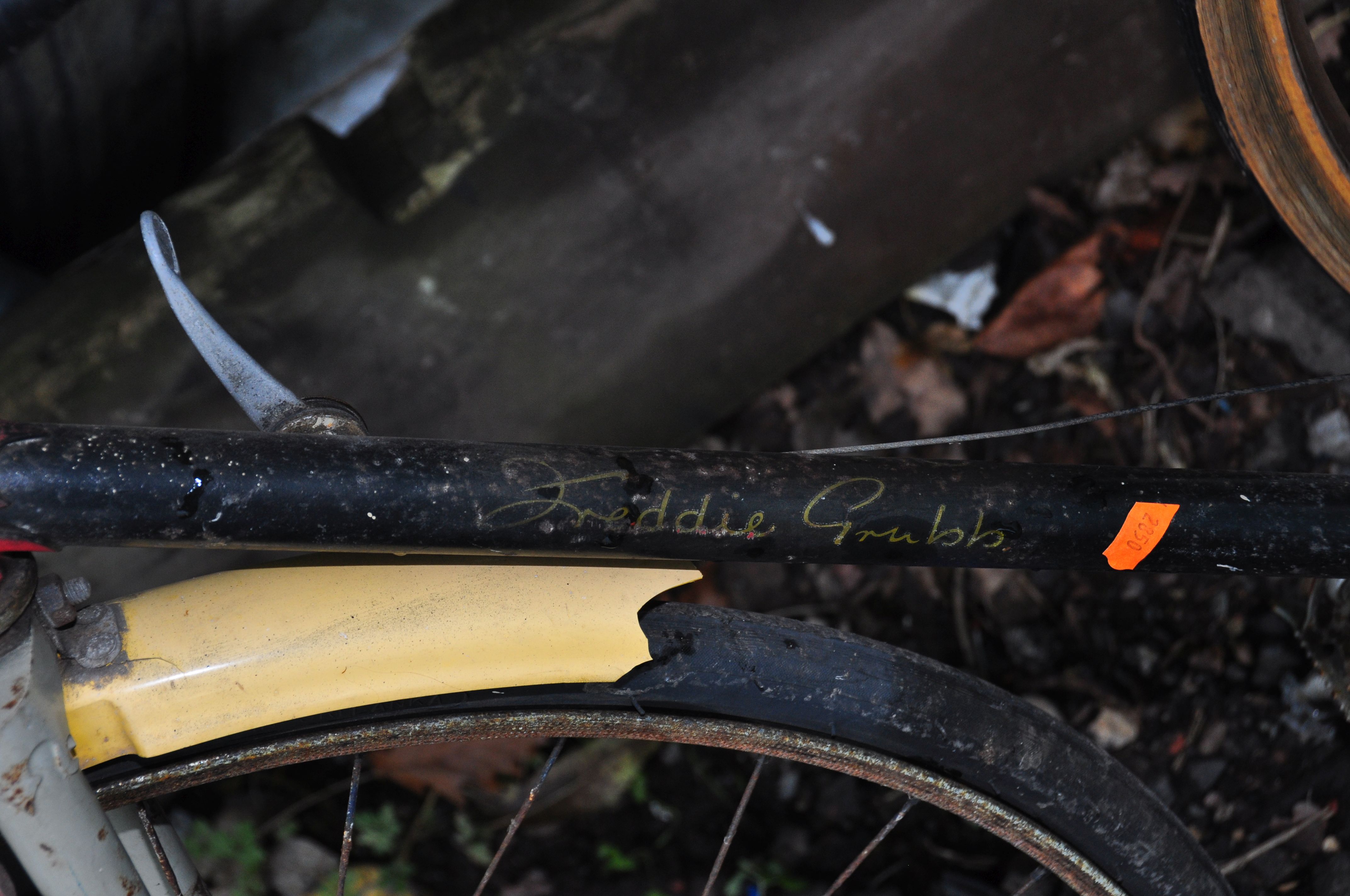 A FREDDIE GRUBB VINTAGE RACING BIKE, with 5 speed lever Campagnolo gears, a tatty Brookes leather - Image 2 of 2