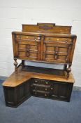 A 20TH CENTURY OAK SIDEBOARD, with a raised back, two drawers, and double cupboard doors, width