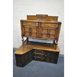 A 20TH CENTURY OAK SIDEBOARD, with a raised back, two drawers, and double cupboard doors, width