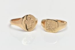 TWO 9CT YELLOW GOLD SIGNET RINGS, to include a 1930s signet ring with engraved initial monogram,