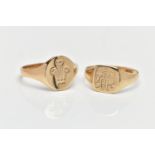 TWO 9CT YELLOW GOLD SIGNET RINGS, to include a 1930s signet ring with engraved initial monogram,