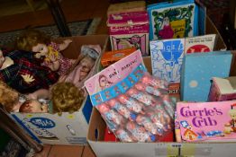 A QUANTITY OF ASSORTED VINTAGE DOLLS AND ACCESSORIES ETC., to include part used Sindy In Town cut-