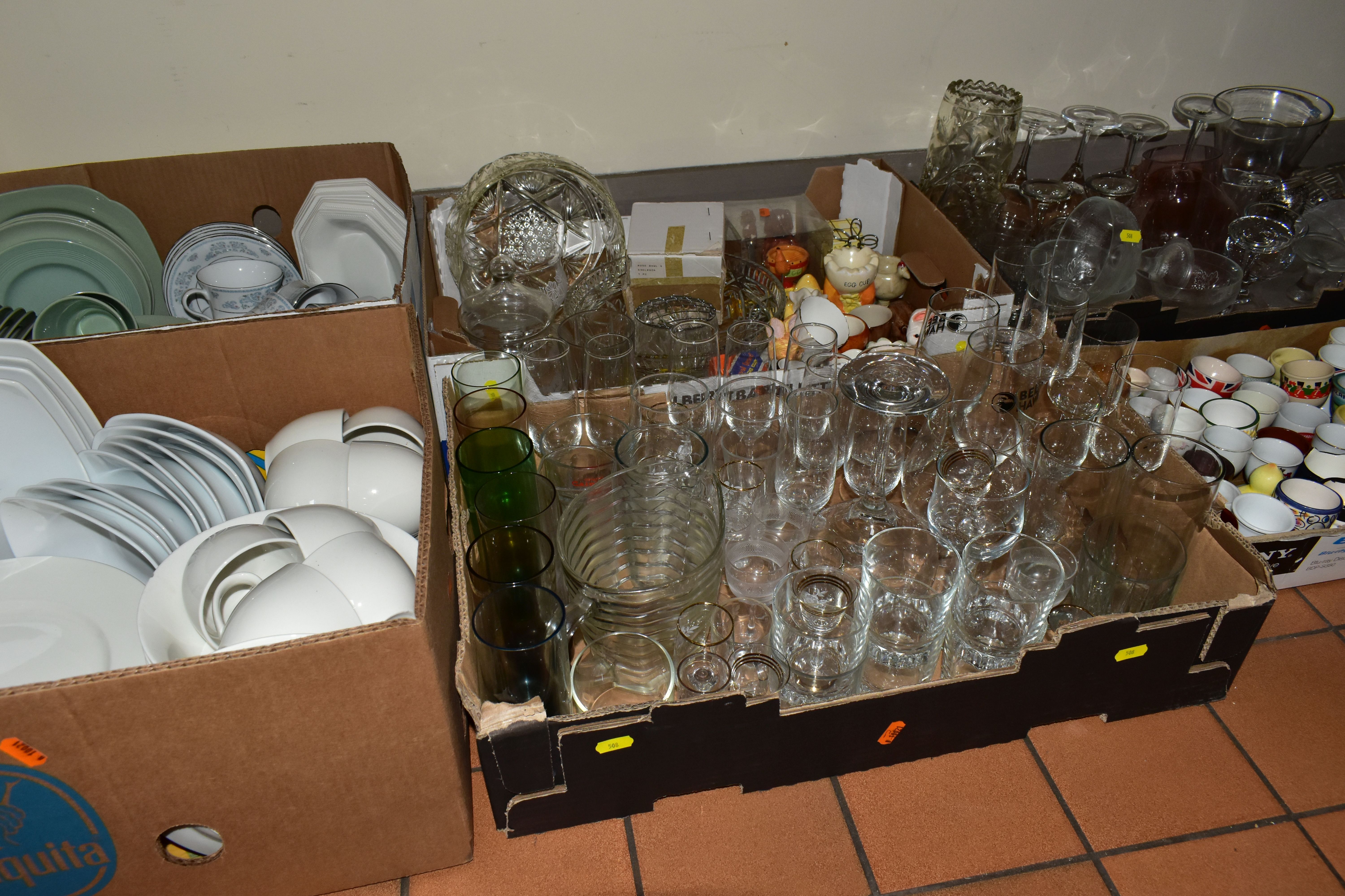 SIX BOXES OF CERAMICS AND GLASS WARES ETC, to include Spode 'Flemish Green' dinner wares, Maxwell