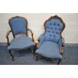 A VICTORIAN STYLE ARMCHAIR, with blue upholstery, and an open armchair with matching upholstery (