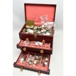 A MULTI STORAGE WOODEN BOX WITH WATCH PARTS, mahogany box with hinged opening lid and four draws,