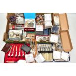 A BOX OF ASSORTED COSTUME JEWELLERY AND ITEMS, to include imitation pearl necklaces, aurora borealis