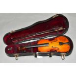 A CASED 1/32 SIZE VIOLIN, total length 32.5cm, body length 20cm, single piece back, no visible