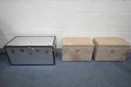 AN ALUMIUM TRUNK, width 100cm x depth 51cm x height 51cm (condition:-good condition) and a two beige