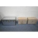 AN ALUMIUM TRUNK, width 100cm x depth 51cm x height 51cm (condition:-good condition) and a two beige