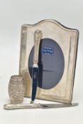 A SILVER PHOTO FRAME, A SUGAR CASTER AND TWO TEA KNIVES, the polished frame with beaded rim,